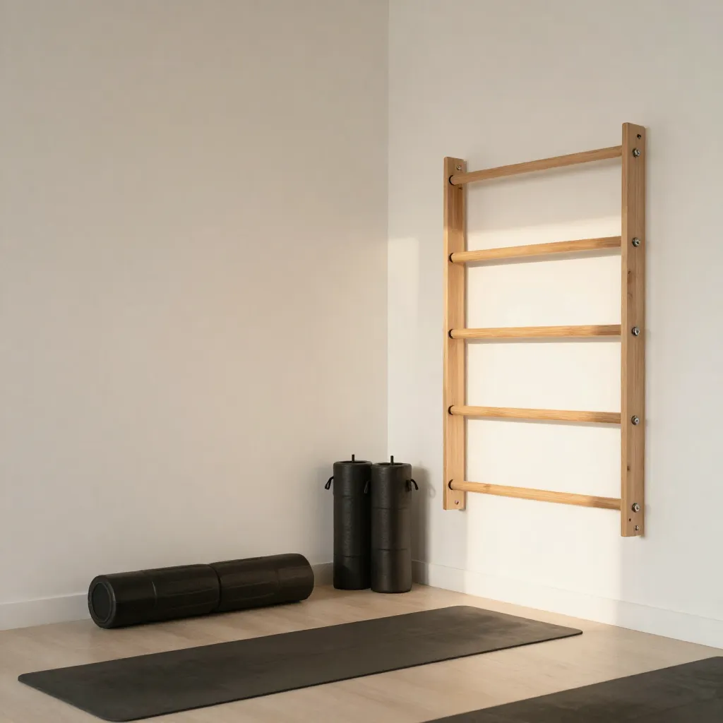 Alternate angle of mobility tools arranged beside a wall bar