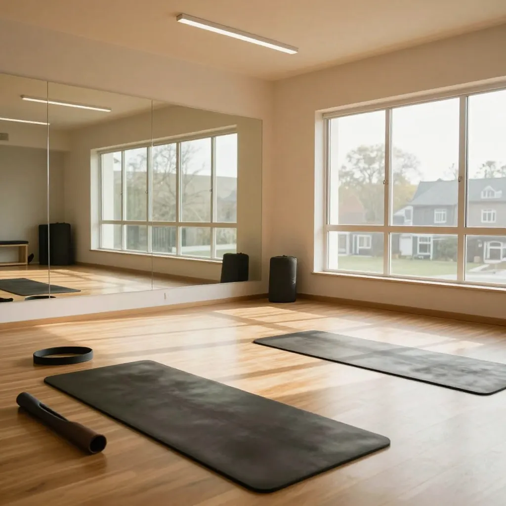 Bright training room with mats and mirrors along one wall